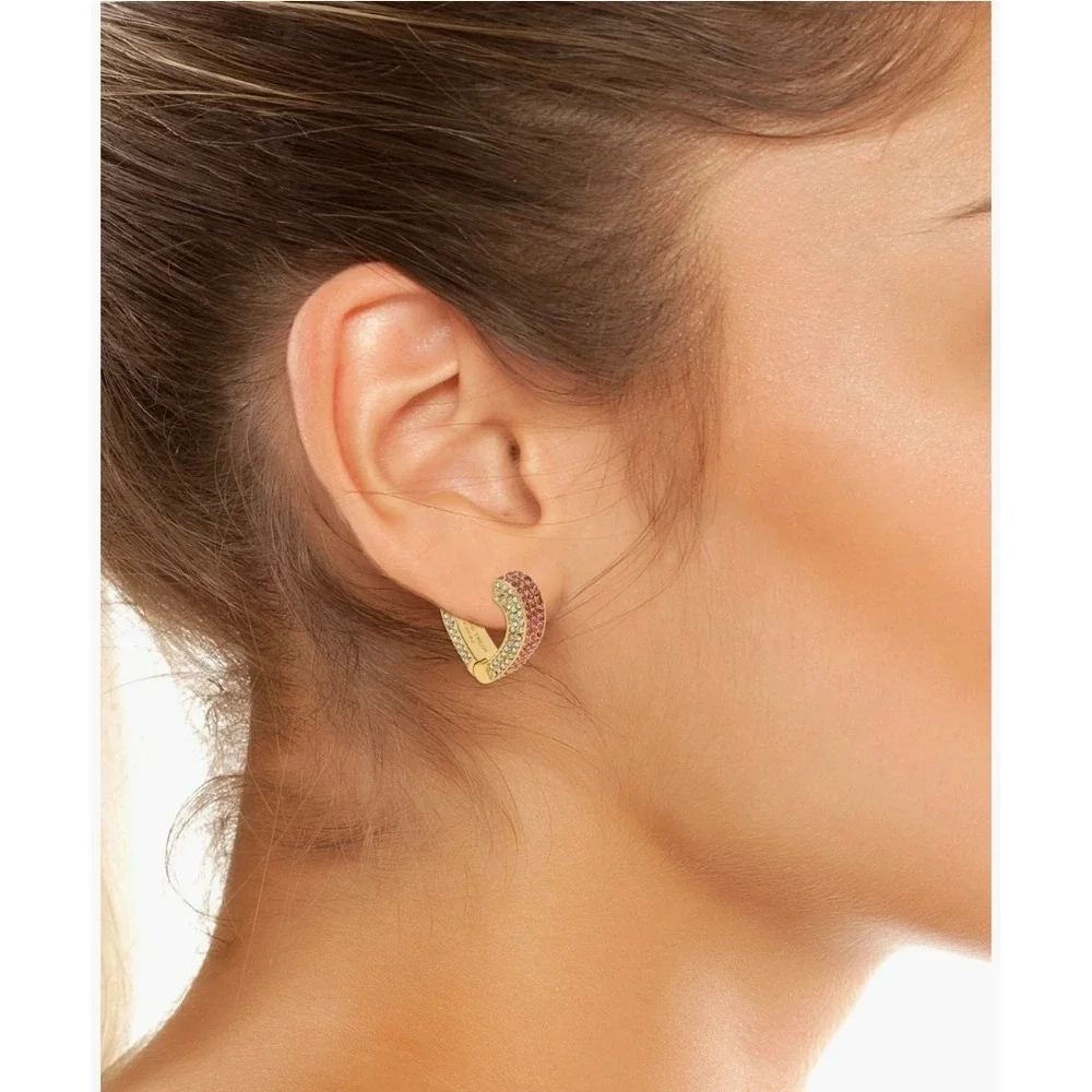 Kurt Geiger London Pave Heart Huggie Earrings Gold Pink Crystal Y2K Glam - Picture 3 of 8